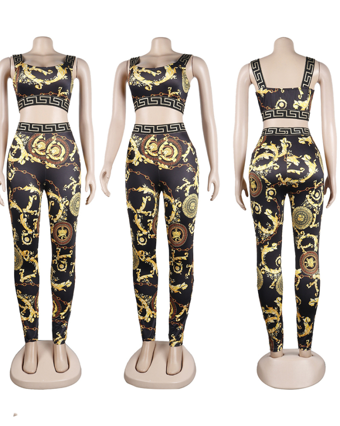 Hot Sale Women Sling Printed Slim Pants Sets Two Pieces Outfit Red Black Yellow Gold S-2XL