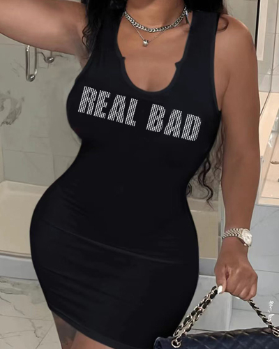 Woman Hot Style Sleeveless Real Bad Printed Slim Mini Dress Black XS-XL