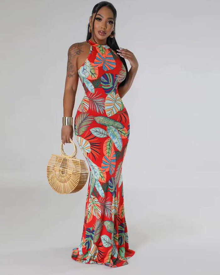 Sleeveless Fashion Printed Sexy Hollow Out Bodycon Maxi Slim Floral Dresses Blue Red Black S-3XL