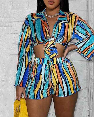 Striped Colorblock Lapel Long Sleeve Loose Casual Summer Two Piece Shorts Sets Blue Yellow XS-XL
