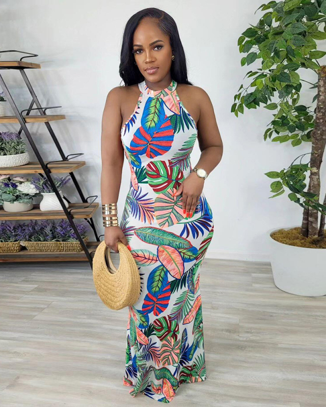 Sleeveless Fashion Printed Sexy Hollow Out Bodycon Maxi Slim Floral Dresses Blue Red Black S-3XL