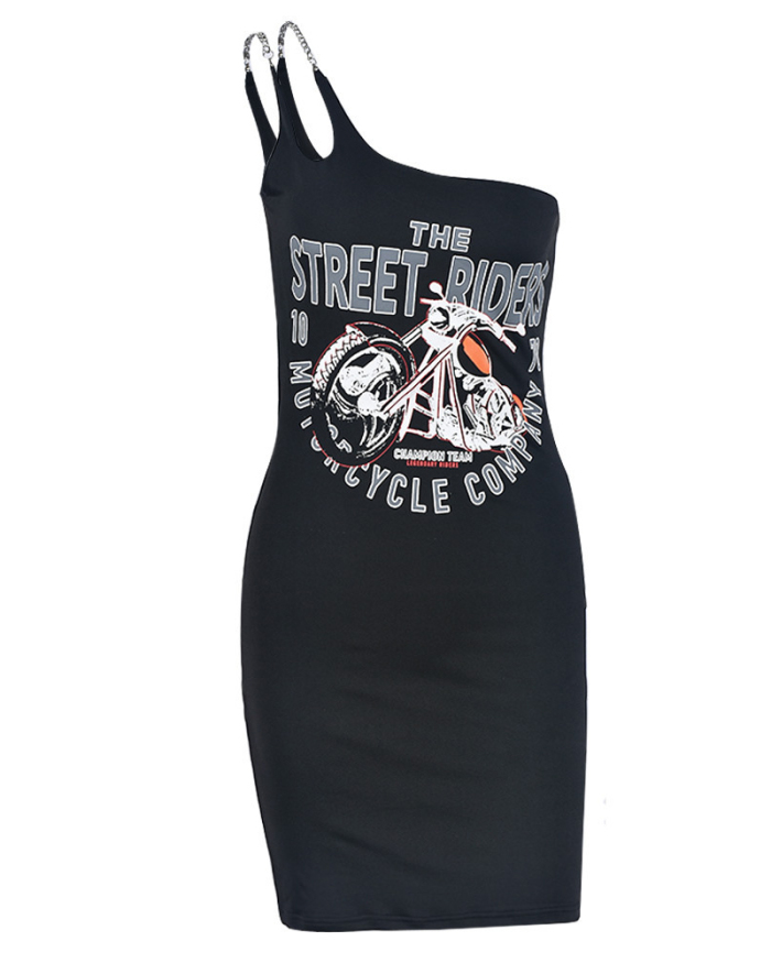 Fashion Printed One Shoulder Slim Women Casual One-piece Dress Black S-L