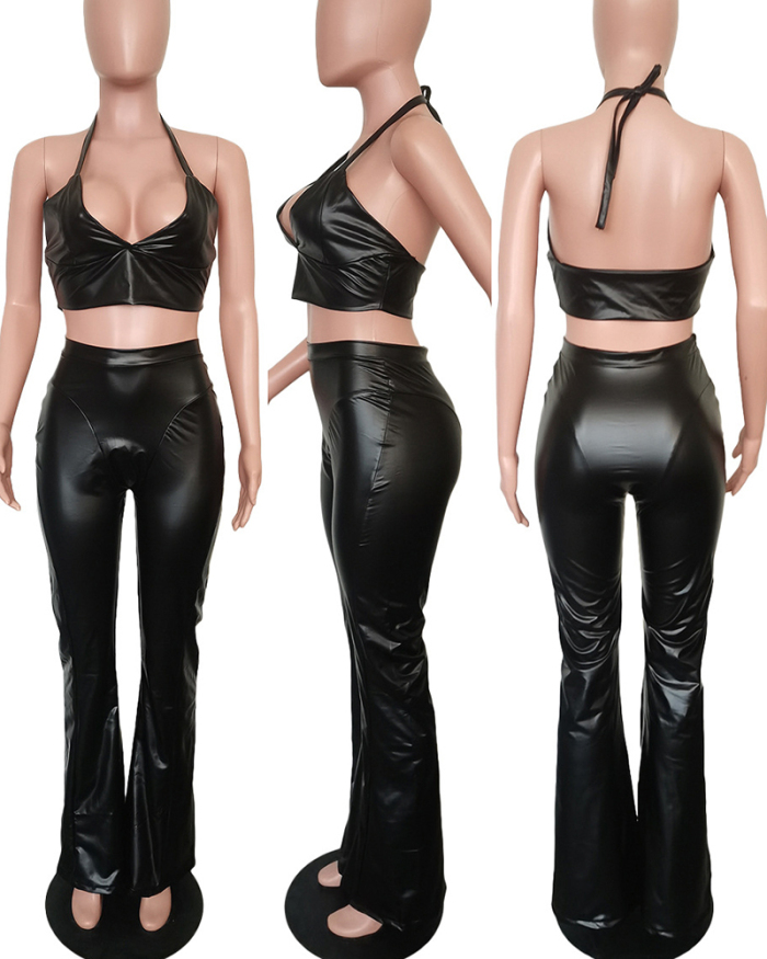 Women V-Neck Sling Solid Color Great Elastic PU Slim Pants Sets Two Pieces Outfit Black S-2XL
