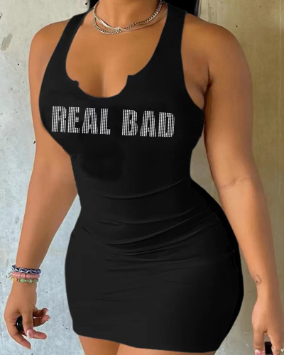 Woman Hot Style Sleeveless Real Bad Printed Slim Mini Dress Black XS-XL