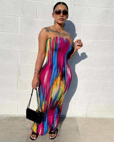 Summer Strapless Hot Sale Colorblock Fashion Women Casual Maxi Dresses S-2XL