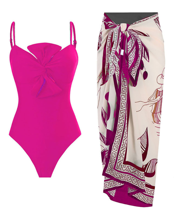 Women Printing Knot Bow One Pieces Sling Swimwear Long Maxi Cover Two-piece Swimsuit S-L