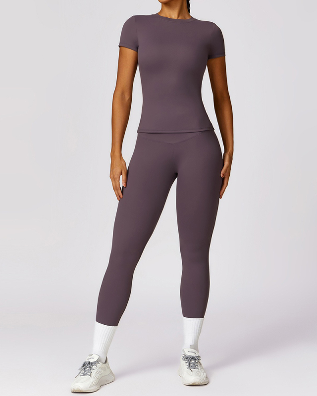 Women Short Sleeve T Shirt High Waist Slim Yoga Sports Pants Two Piece Sets S-XL