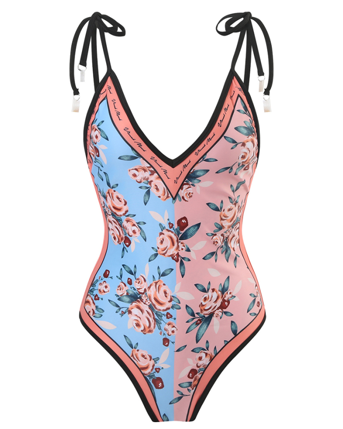 Double Side Printing Florals V Neck Strappy Two-piece Swimsuit Pink Yellow Green S-XL
