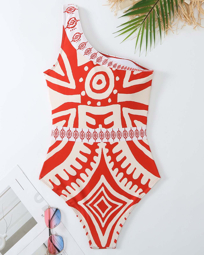 Sexy One Shoulder Fashion Printed Vocation Beach Pants Two-piece Swimsuit Red S-XL