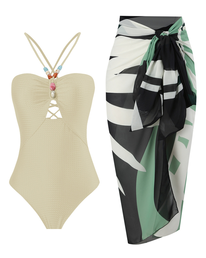 Hollow Out Strappy Swimwear Fashion Printing Summer Beach Cover Up Two-piece Swimsuit S-XL