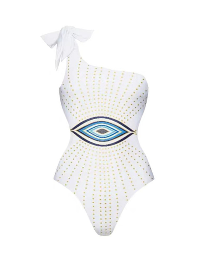Women Sexy Eyes Printing Holiday Wear Two-piece Swimsuit White S-XL