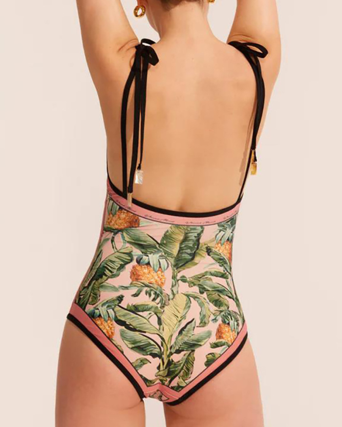 Double Side Printing Florals V Neck Strappy Two-piece Swimsuit Pink Yellow Green S-XL