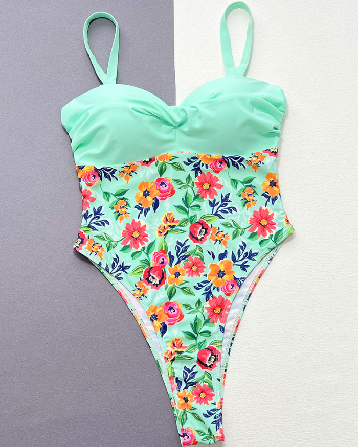 Green Printed One Piece High Cut Swimsuit S-L
