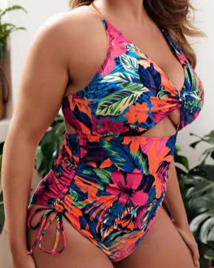 Women Florals Printing Hollow Out Backless High Waist Plus Size Swimsuit L-4XL