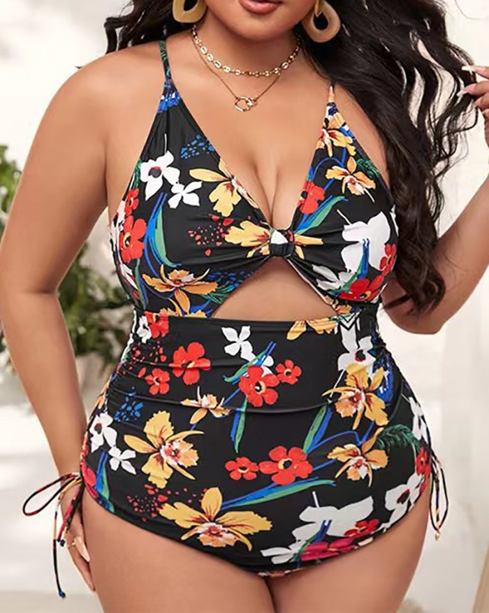 Women Florals Printing Hollow Out Backless High Waist Plus Size Swimsuit L-4XL
