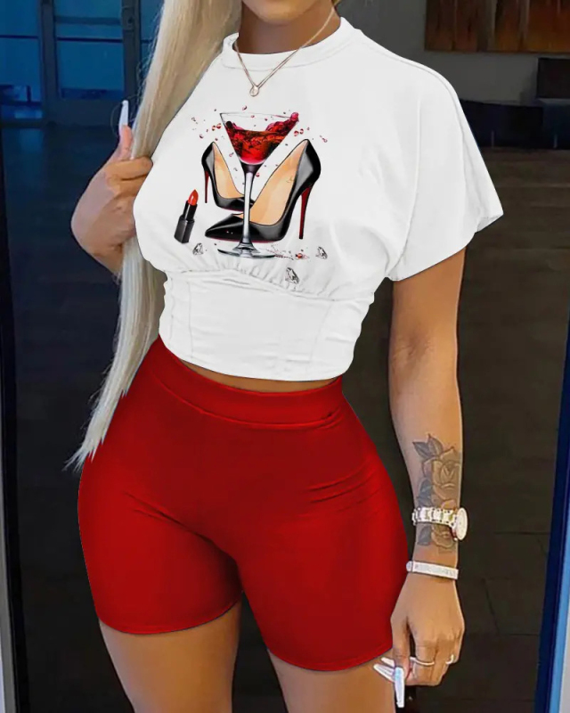 Crop Top Letter Print Shorts Set S-3XL