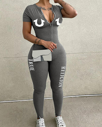Short Sleeve Grey Printed Women Jumpsuit XS-3XL
