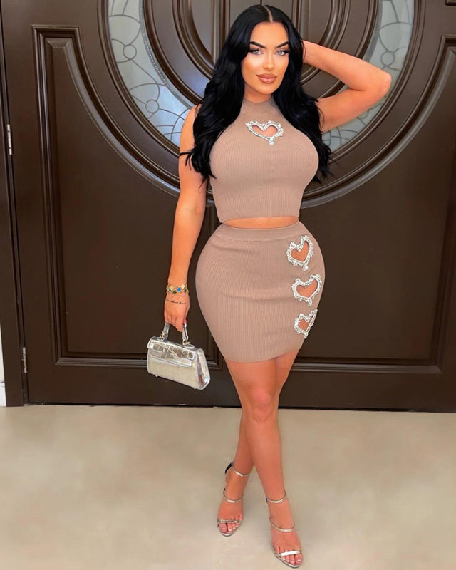 Sleeveless Women Love Heart Cute Two Piece Skirt Set S-XXL