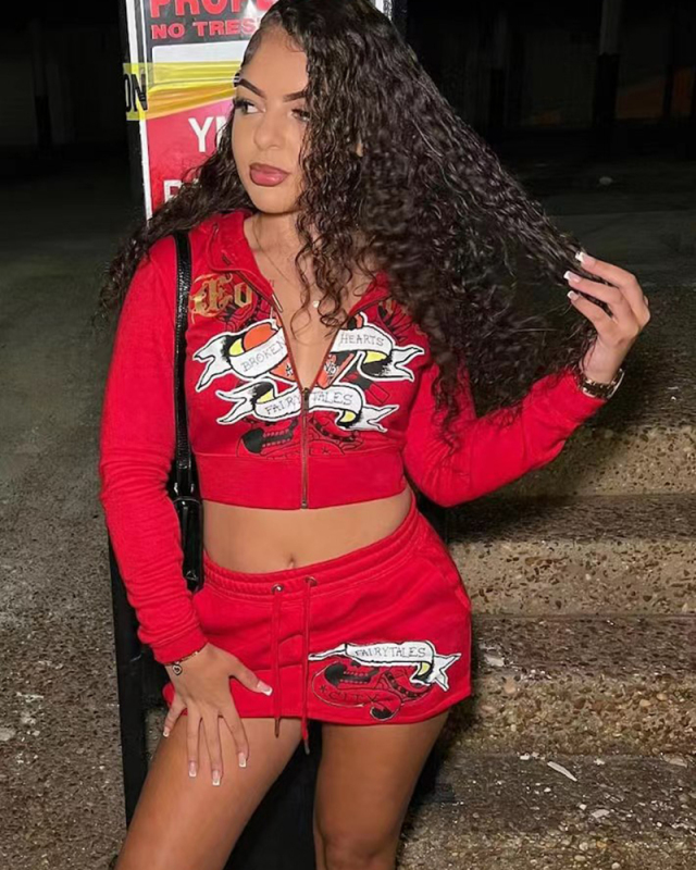 Red Printed Women Spring Two Piece Skirt Set S-XXL