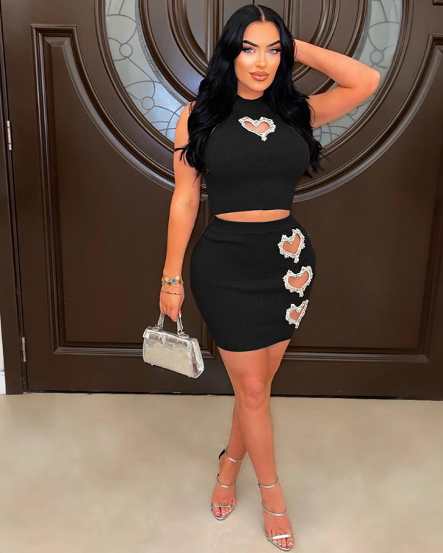 Sleeveless Women Love Heart Cute Two Piece Skirt Set S-XXL