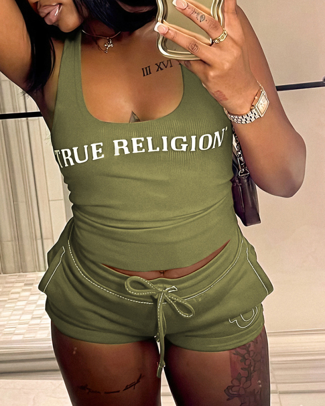 Summer Women Letter Printed Two Piece Short Set XS-XL