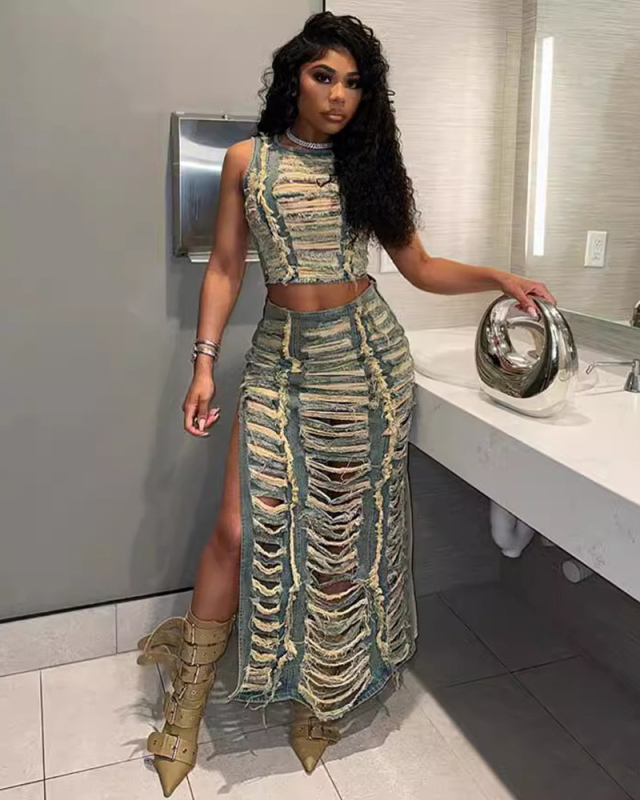 High Fashion Women Jean Burn Out Two Piece Skirt Set S-3XL