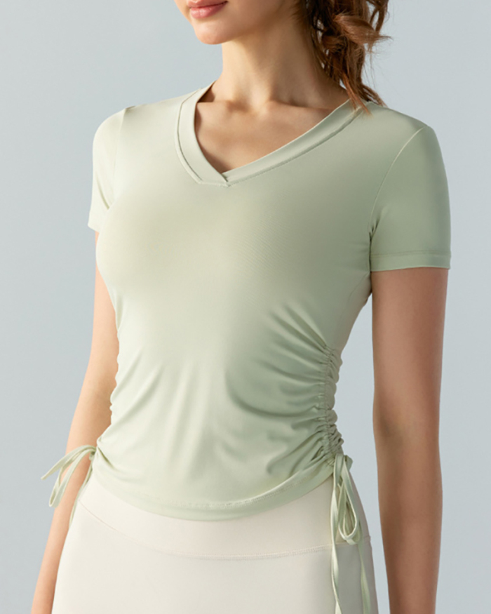 Women Short Sleeve V-neck Drawstring Slim Sports T-shirt S-XL