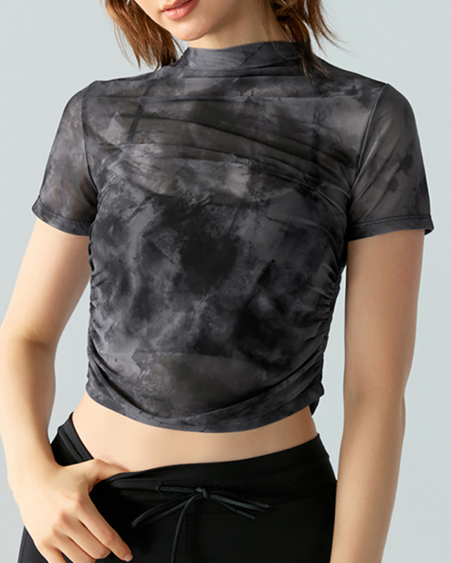 Women Short Sleeve Tie Dye Mesh Sports Breathable Sports Cover T-shirt S-XL