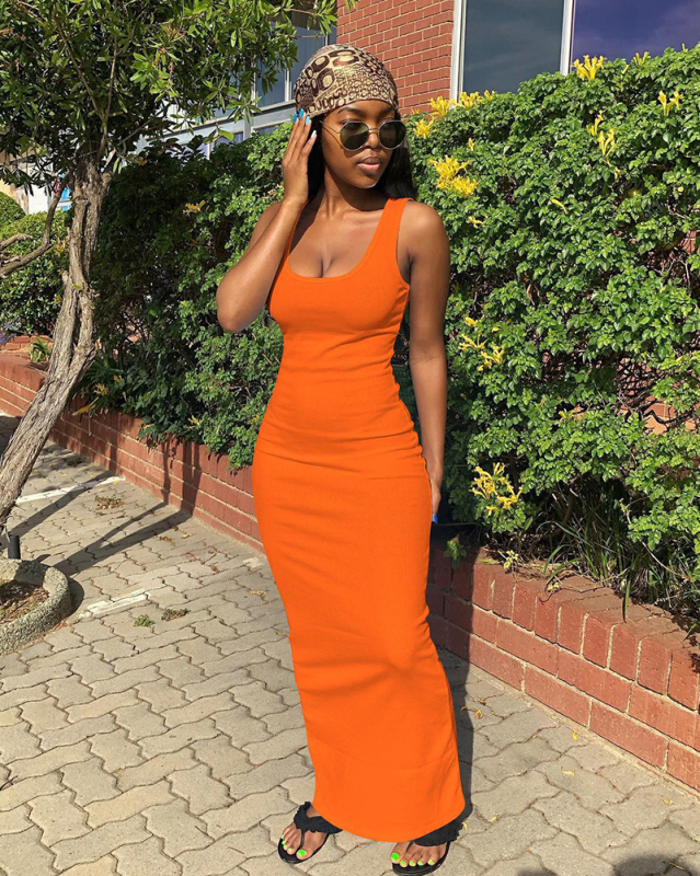 Summer Sleeveless U Neck Maxi Bodycon Dresses Green Rosy Orange S-XL