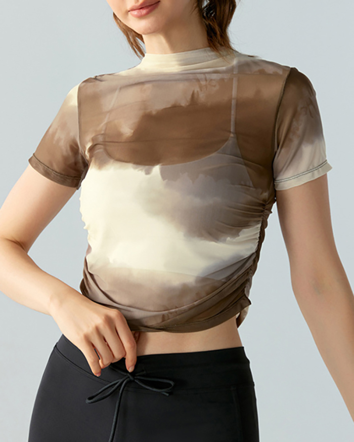 Women Short Sleeve Tie Dye Mesh Sports Breathable Sports Cover T-shirt S-XL