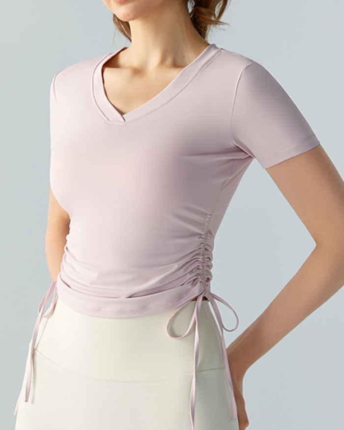 Women Short Sleeve V-neck Drawstring Slim Sports T-shirt S-XL
