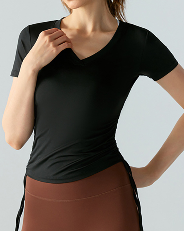 Women Short Sleeve V-neck Drawstring Slim Sports T-shirt S-XL