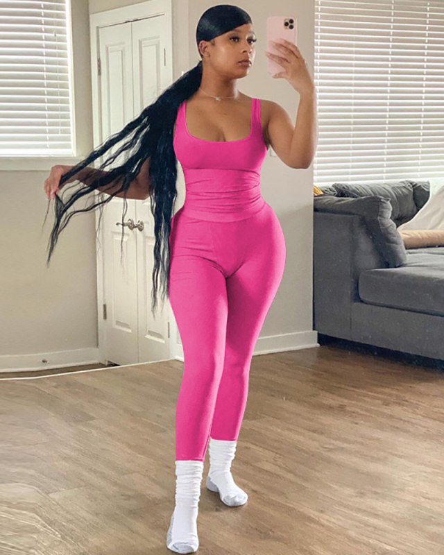 Women Sleeveless Vest High Waist Pants Sets Two Pieces Outfit Pink Gray Rosy Black Blue S-2XL