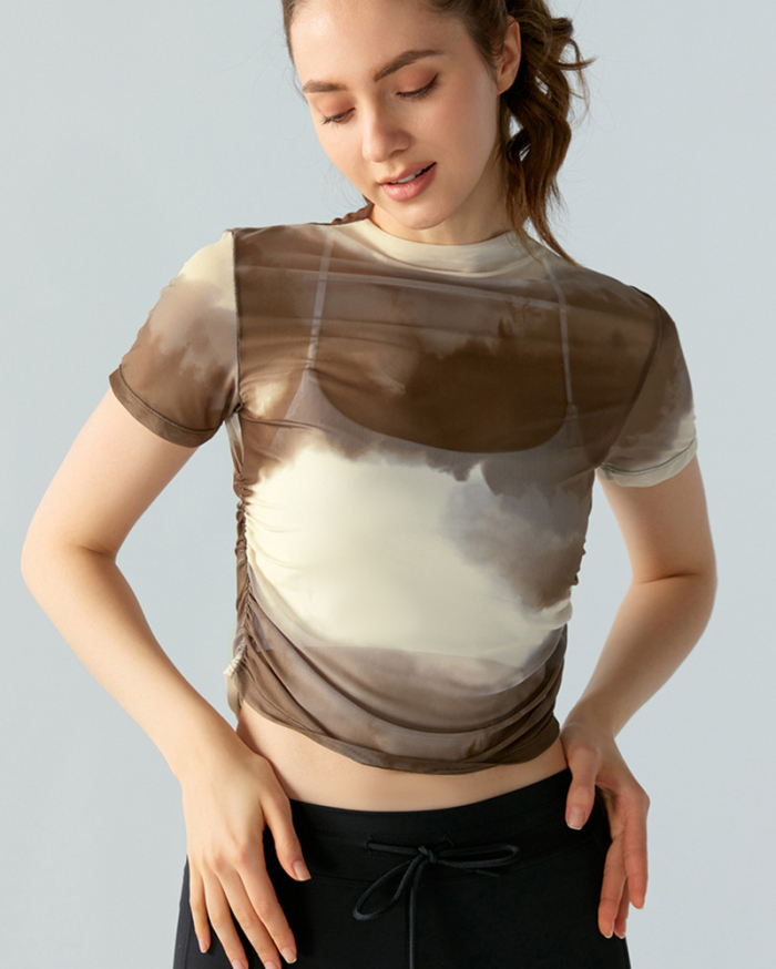 Women Short Sleeve Tie Dye Mesh Sports Breathable Sports Cover T-shirt S-XL