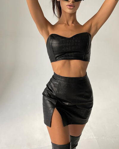 Black PU Fashion Women Two Piece Skirt Set S-XL