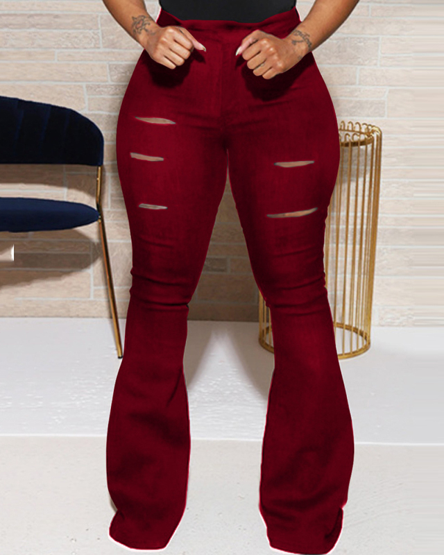 High Waist Hollow Out Slim Wide Leg Pants Black Blue Wine Red Army Green Purple S-4XL