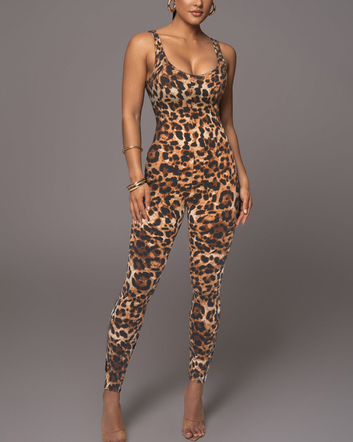 Leopard Printed Women Sleevelss Fashion Summer Jumpsuit S-2XL