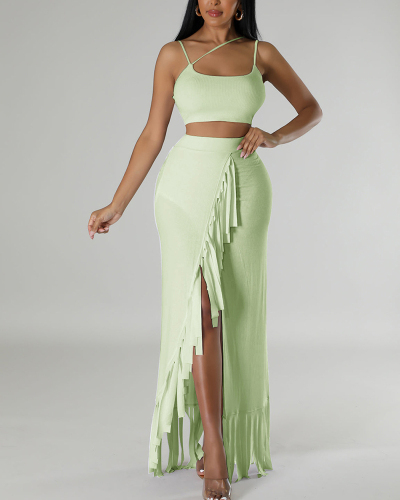 Solid Color Women Summer Two Piece Long Skirt Set S-XXL