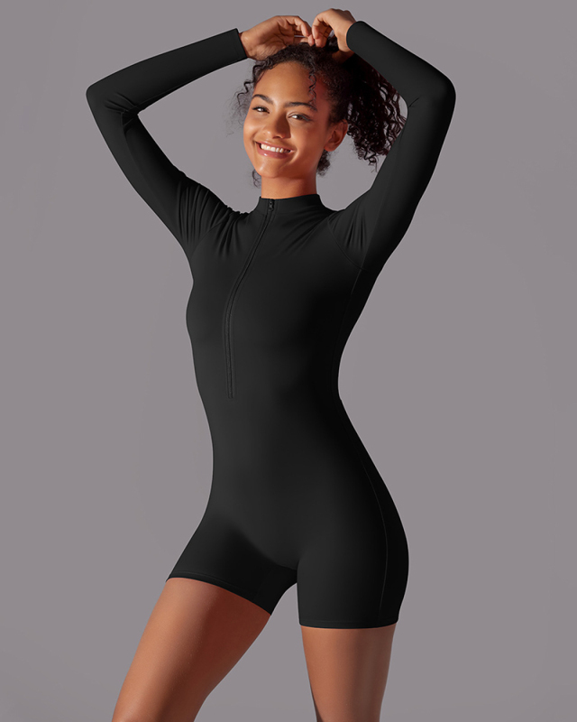 Women Long Sleeve Zipper Front Solid Color Romper S-XL