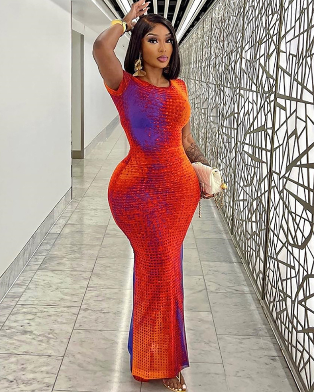 Short Sleeve Women Printed Long Dress S-L