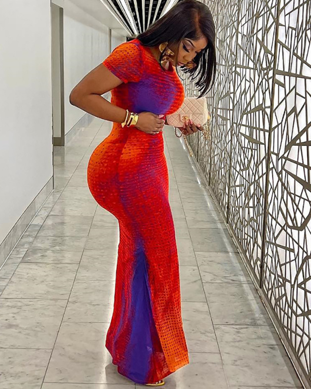 Short Sleeve Women Printed Long Dress S-L