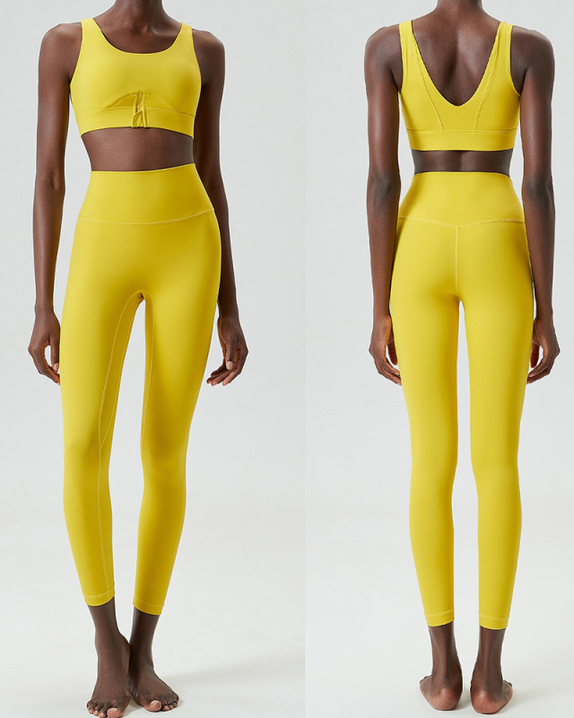 U-Back Zipper Front High Elastic Running High Waist Pants Yoga Two-piece Set S-XL