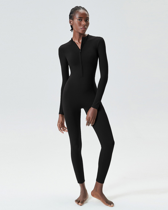 Long Sleeve Zipper Neck Slim High Elastic Fitness Jumpsuit S-XL