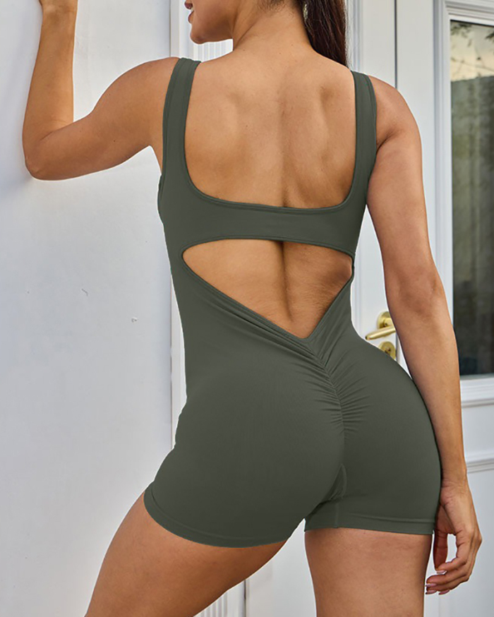 Women New Hollow Out Backless Seamless Ruched Sport Romper Royal Blue Brown Black Pink Green S-L