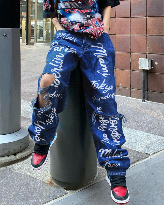 Trendy Women High Waist Hip Hop Hole Knee Street Style Jeans Pants Blue Black S-3XL