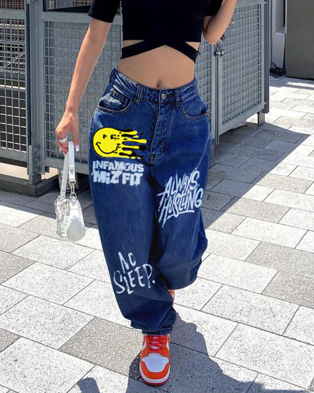 Women Fashion Smile Printing High Waist Wide Leg Jeans Black Blue S-3XL