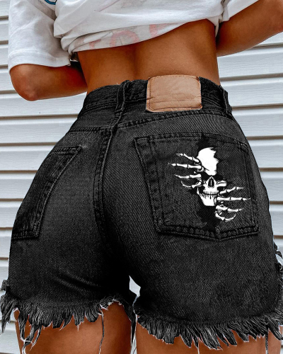 Popular Skeleton Bone Printed Women Shorts Jeans Black Light Blue S-3XL