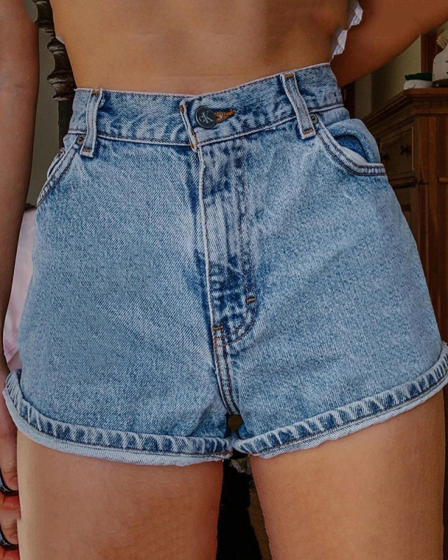Women Hot Smile Back Summer High Waist Shorts Light Blue S-2XL