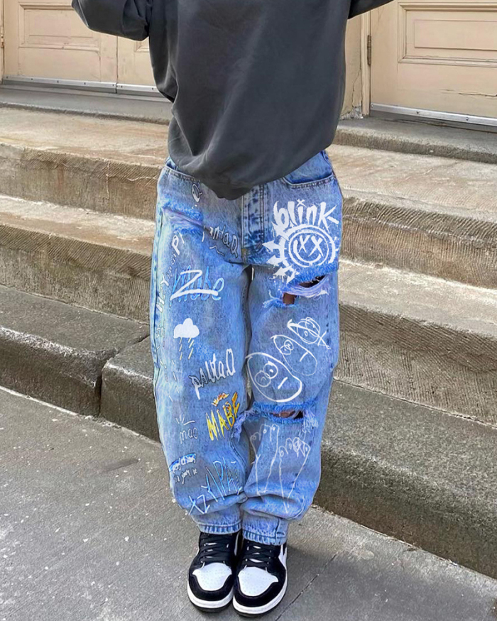 Women New Jeans High Waist Graffiti Pants Blue S-3XL