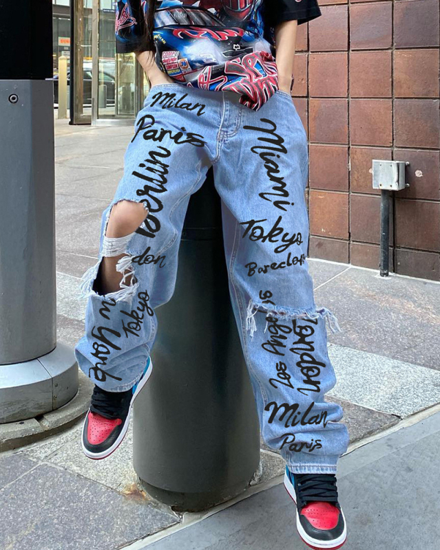 Trendy Women High Waist Hip Hop Hole Knee Street Style Jeans Pants Blue Black S-3XL